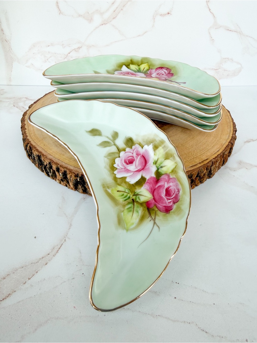 Vintage Grandmillennial Cottagecore Lefton Rose Pink & Green Bone Dishes SET/6